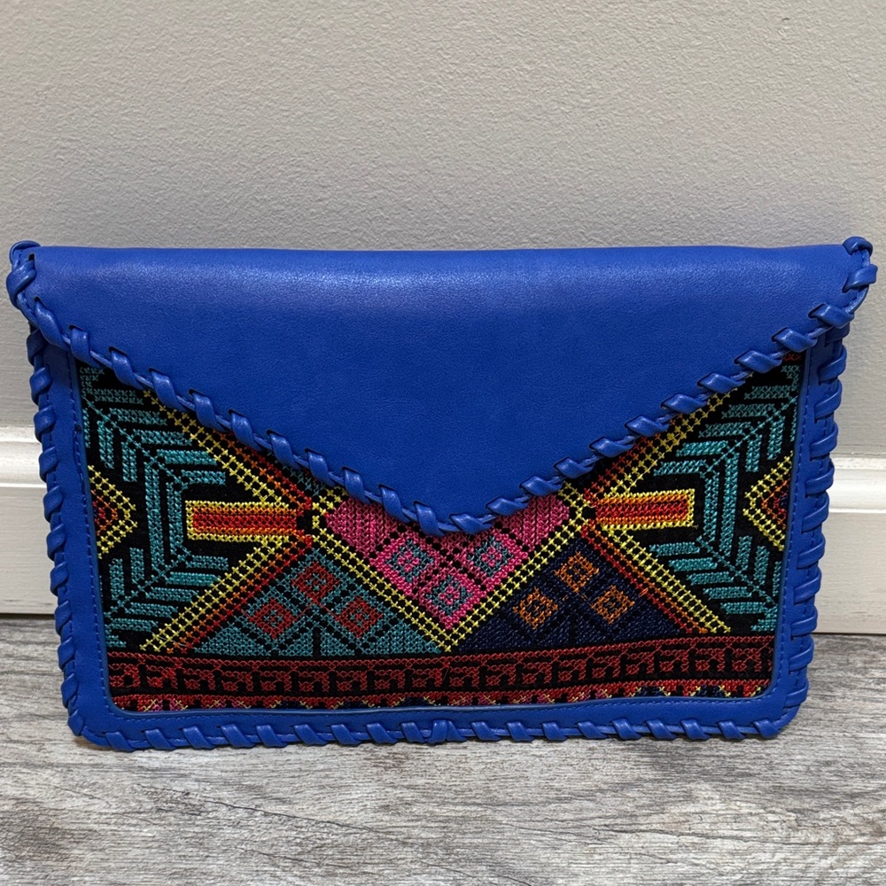 Blue Embroidered Envelope Clutch